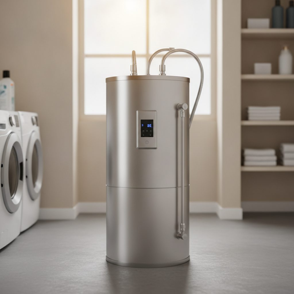 Modern stainless steel tank water heater in a clean utility room